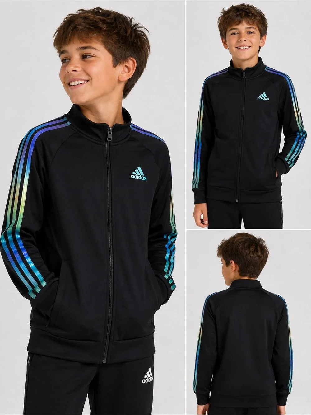 adidas Kids Black Jacket with Iridescent Blue-Green Stripes